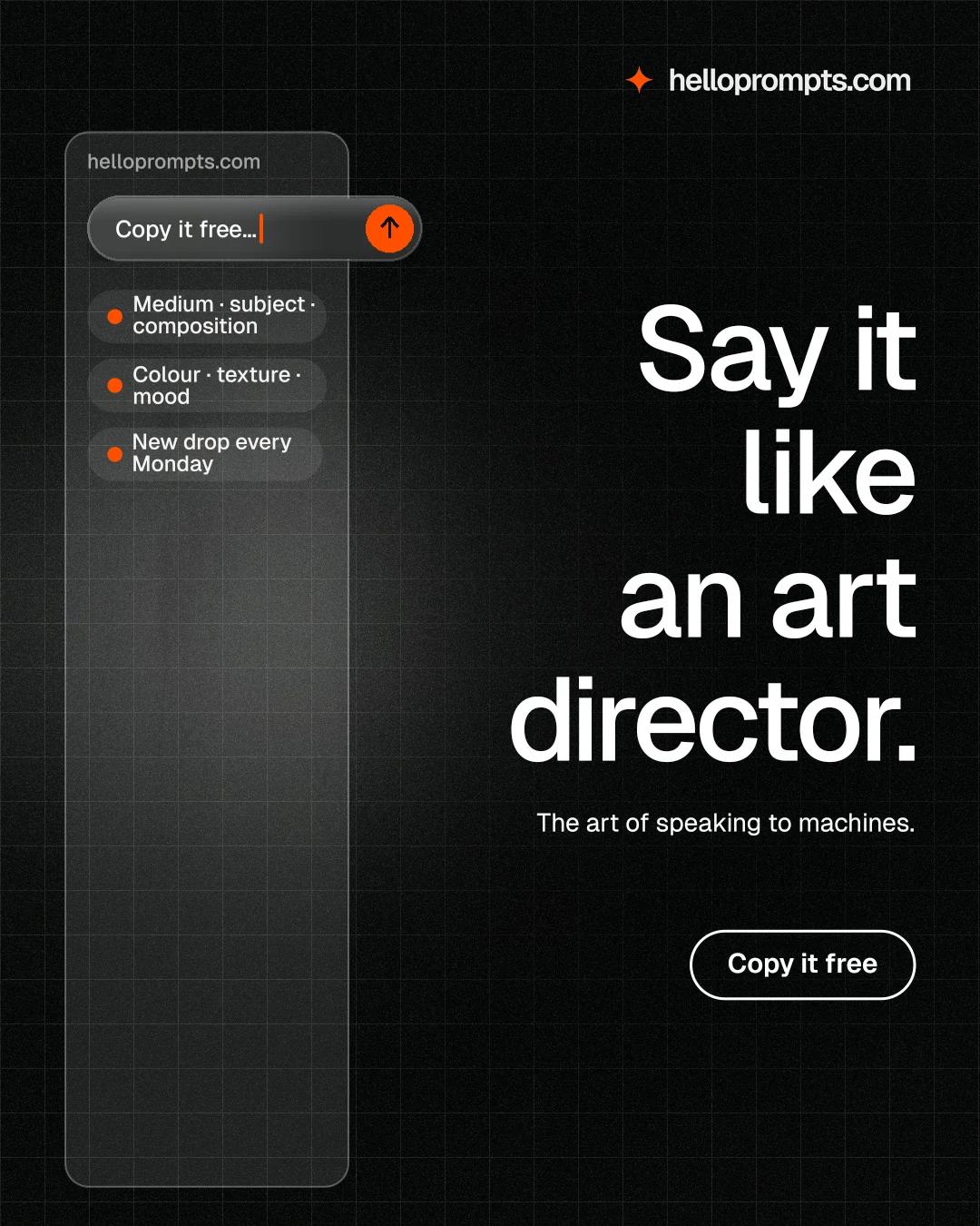 Instagram portrait post for HelloPrompts: "Say it like an art director." Phosphor atlas style, right layout, dark palette in black, grey.