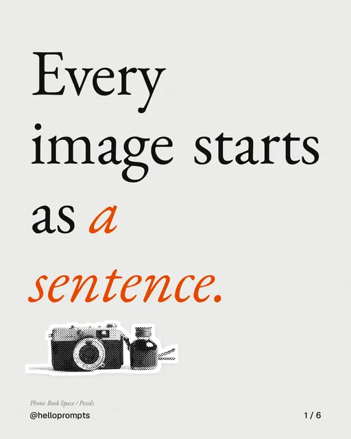 Carousel for HelloPrompts: "Every image starts as a sentence.". Cutout essay, 6 slides, light palette.