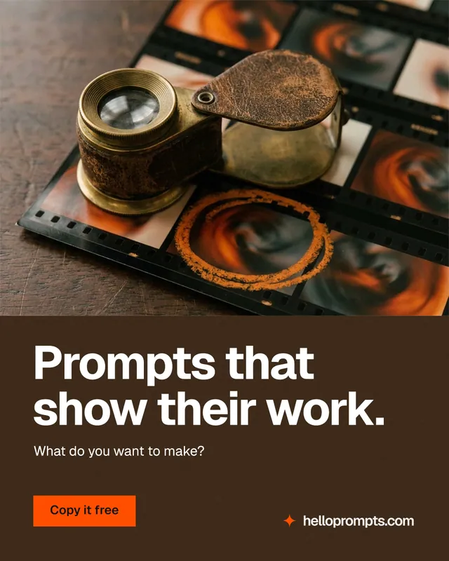 Instagram portrait post for HelloPrompts: "Prompts that show their work." Swiss style, bottom layout, dark palette in orange, black, grey.