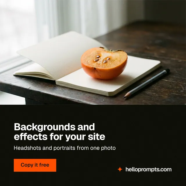 Instagram post for HelloPrompts: "Backgrounds and effects for your site". Swiss style, bottom layout, dark palette in white, black, orange.