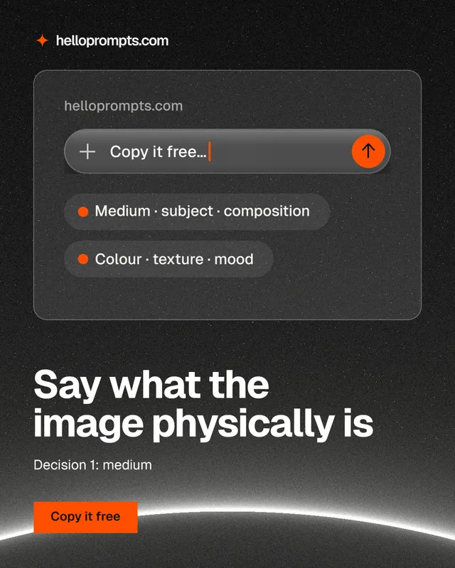 Instagram portrait post for HelloPrompts: "Say what the image physically is". Swiss style, bottom layout, dark palette in black, grey.