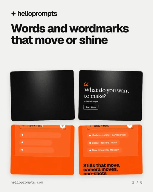 Carousel for HelloPrompts: "Words and wordmarks that move or shine". Collection carousel, 8 slides, light palette.