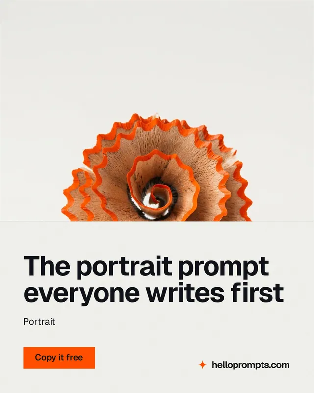 Instagram portrait post for HelloPrompts: "The portrait prompt everyone writes first". Swiss style, bottom layout, light palette in white, brown.