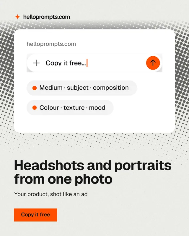 Instagram portrait post for HelloPrompts: "Headshots and portraits from one photo". Swiss style, bottom layout, light palette in white, grey.