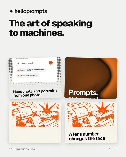 Carousel for HelloPrompts: "The art of speaking to machines.". Collection carousel, 8 slides, light palette.