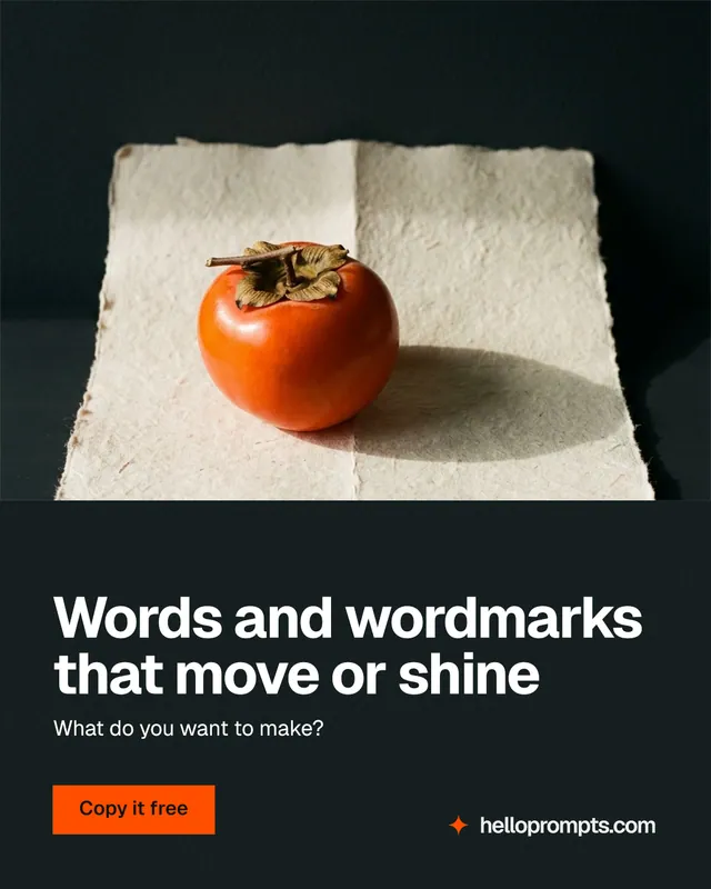 Instagram portrait post for HelloPrompts: "Words and wordmarks that move or shine". Swiss style, bottom layout, dark palette in black, yellow, orange.