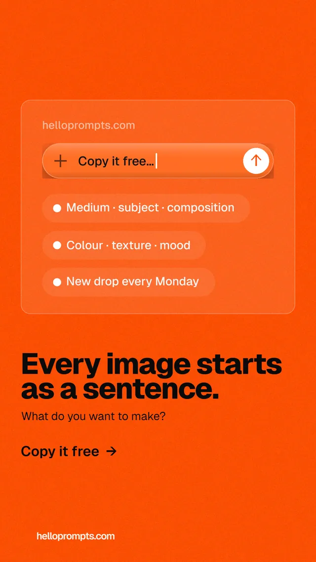 Instagram story for HelloPrompts: "Every image starts as a sentence." Turn card style, bottom layout, light palette in orange.