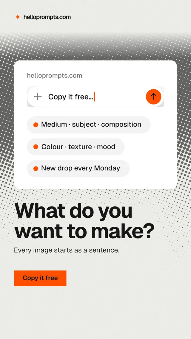 Instagram story for HelloPrompts: "What do you want to make?" Swiss style, bottom layout, light palette in white, grey.