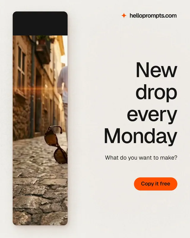 Instagram portrait post for HelloPrompts: "New drop every Monday". Data card style, right layout, light palette in orange, white.