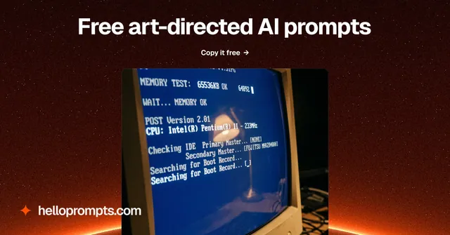 Social ad for HelloPrompts: "Free art-directed AI prompts". Swiss style, ogui layout, dark palette in black, blue, red.