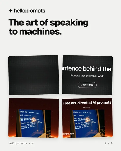 Carousel for HelloPrompts: "The art of speaking to machines.". Collection carousel, 8 slides, light palette.