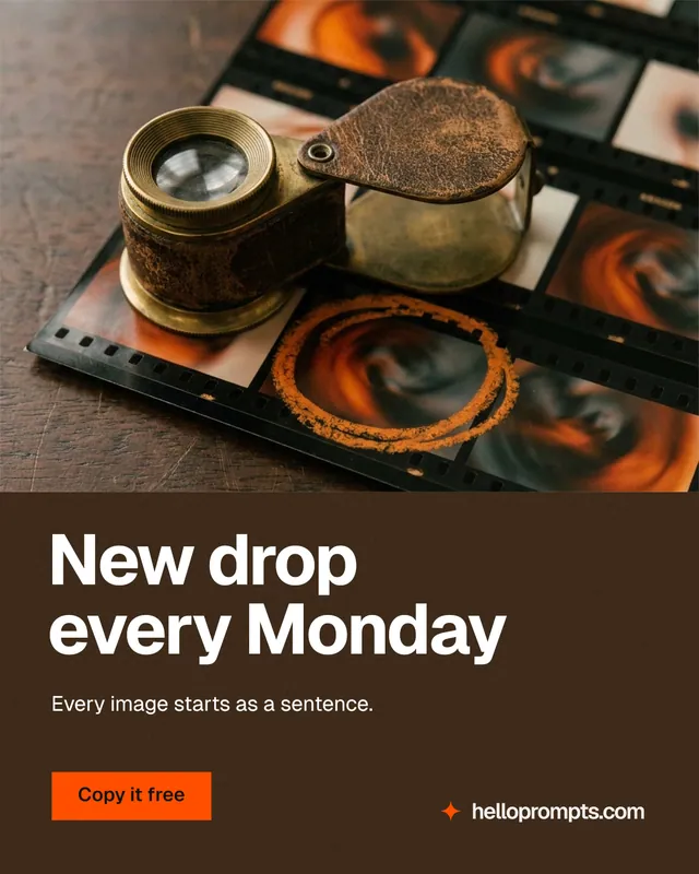 Instagram portrait post for HelloPrompts: "New drop every Monday". Swiss style, bottom layout, dark palette in orange, black, grey.