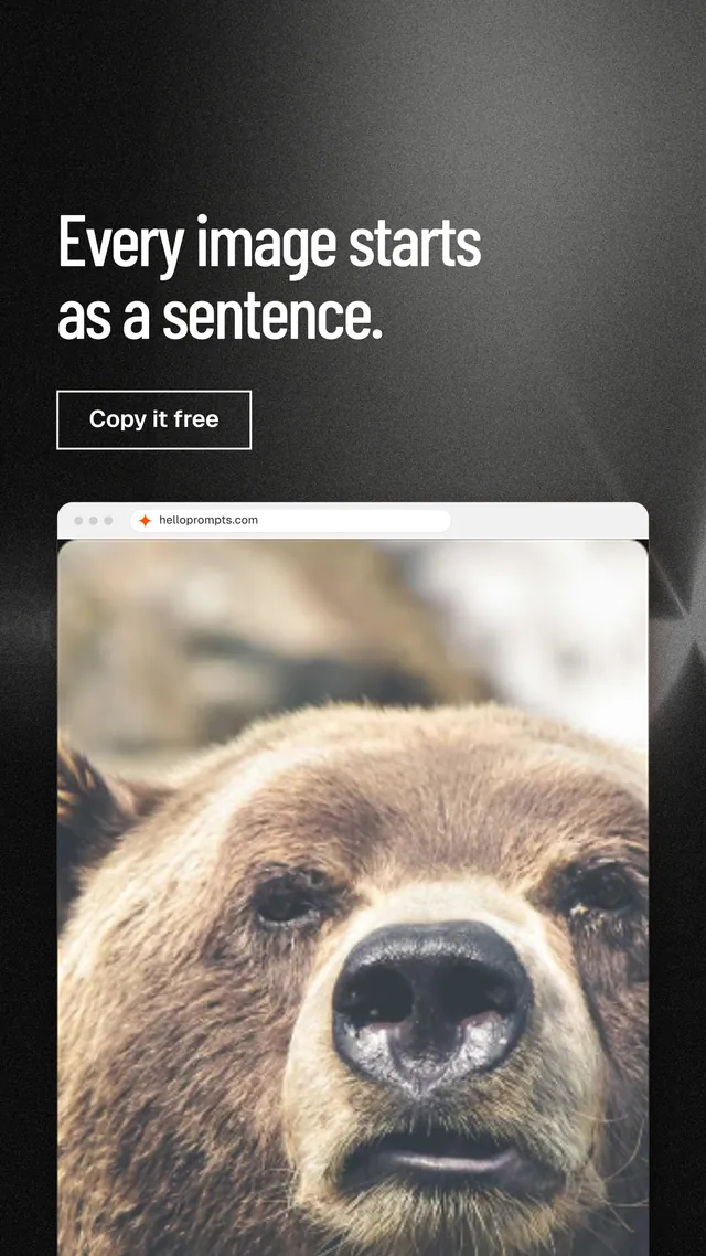 Instagram story for HelloPrompts: "Every image starts as a sentence." Dark deco style, browser layout, light palette in grey, black, orange.