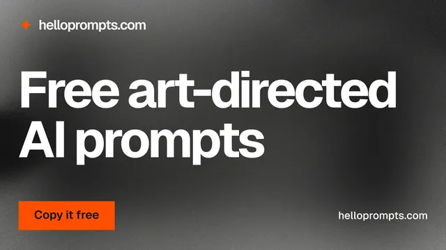 Landscape graphic for HelloPrompts: "Free art-directed AI prompts". Swiss style, poster layout, dark palette in black, grey.