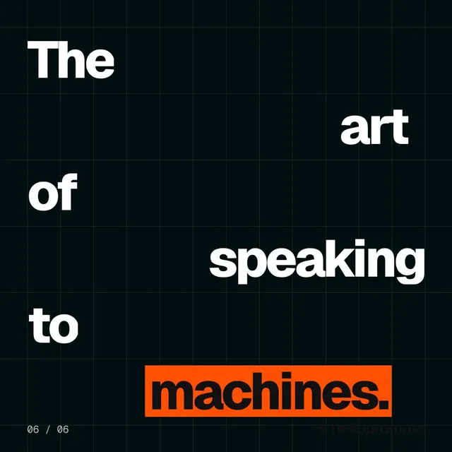 Video for HelloPrompts: "The art of speaking to machines.". Kinetic type grid, 6.0 s, dark palette.