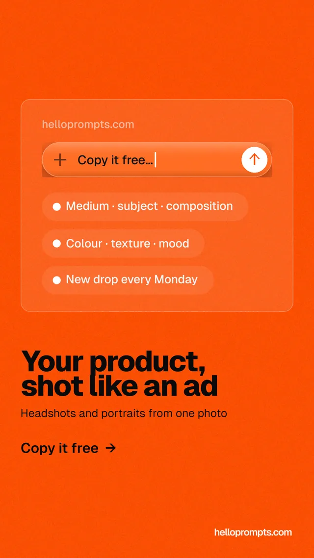 Instagram story for HelloPrompts: "Your product, shot like an ad". Turn card style, bottom layout, light palette in orange.