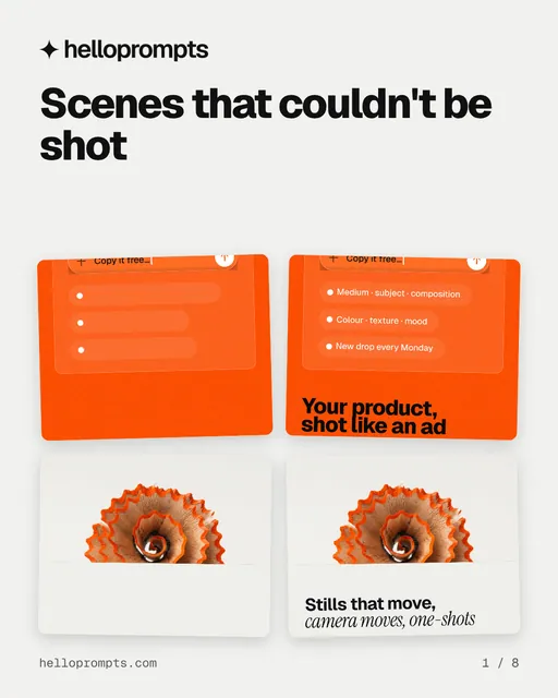 Carousel for HelloPrompts: "Scenes that couldn't be shot". Collection carousel, 8 slides, light palette.