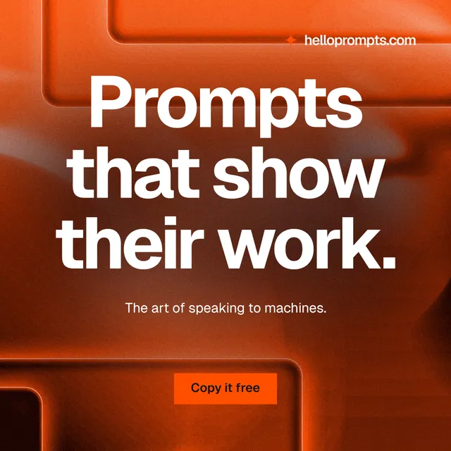 Instagram post for HelloPrompts: "Prompts that show their work." Swiss style, centred layout, dark palette in orange, red.