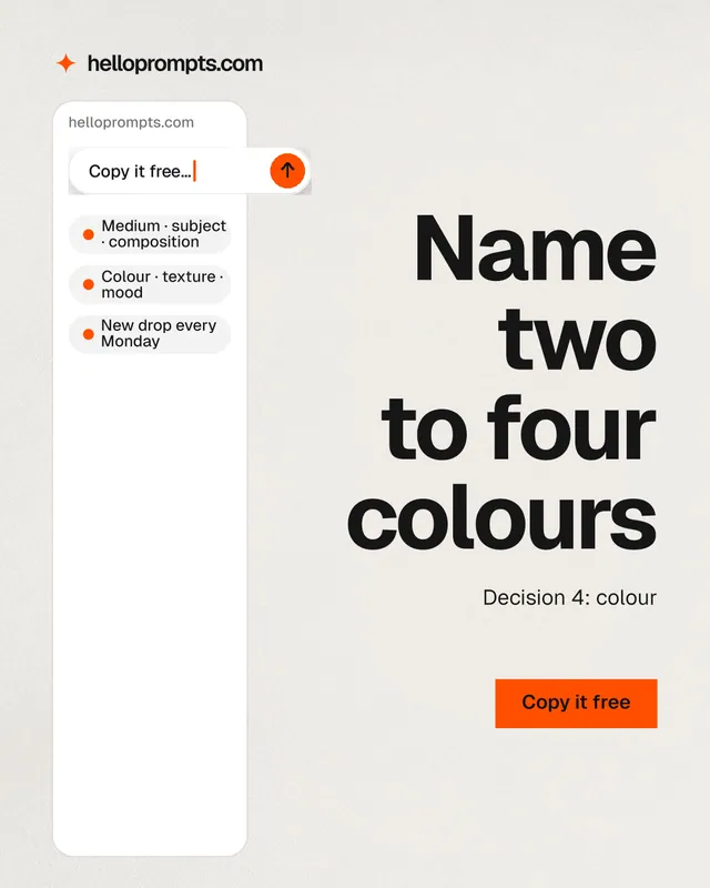 Instagram portrait post for HelloPrompts: "Name two to four colours". Swiss style, right layout, light palette in white, grey.