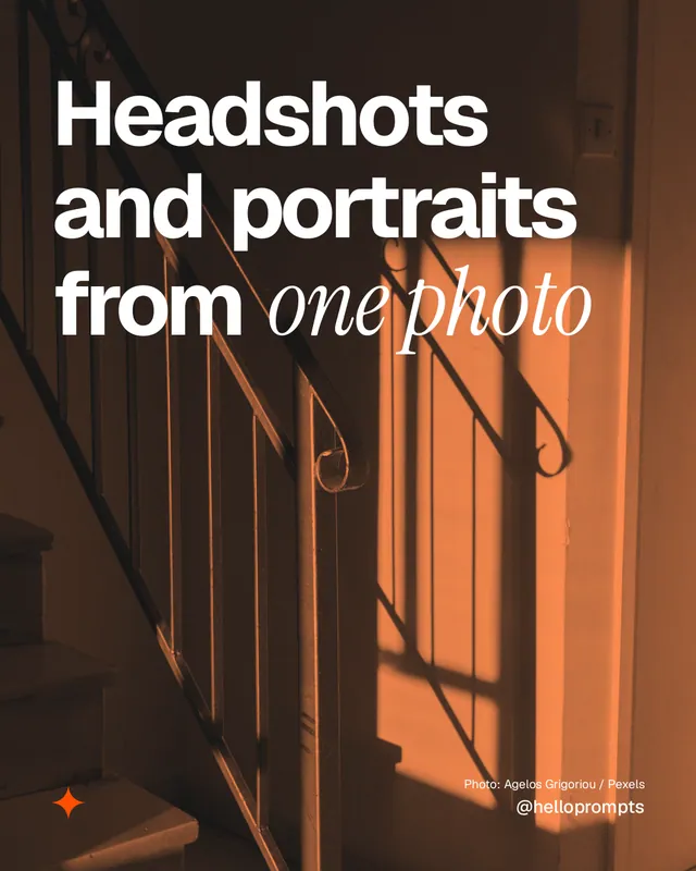 Instagram portrait post for HelloPrompts: "Headshots and portraits from one photo". Duotone style, technique:pexels ingredient layout, dark palette in orange.