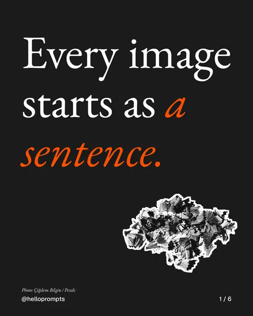 Carousel for HelloPrompts: "Every image starts as a sentence.". Cutout essay, 6 slides, dark palette.