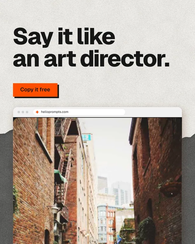 Instagram portrait post for HelloPrompts: "Say it like an art director." Paper trio style, browser layout, light palette in white, orange.