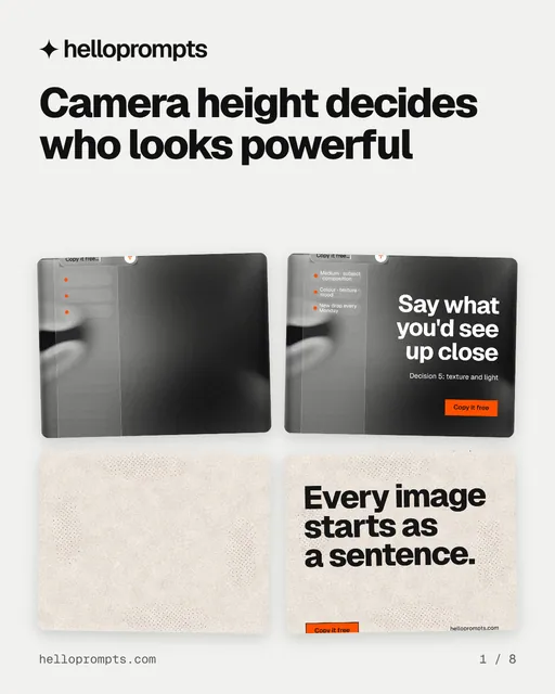 Carousel for HelloPrompts: "Camera height decides who looks powerful". Collection carousel, 8 slides, light palette.
