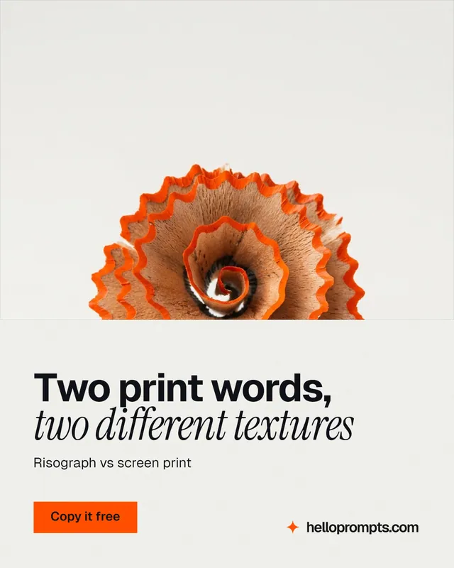 Instagram portrait post for HelloPrompts: "Two print words, two different textures". Swiss style, bottom layout, light palette in white, orange.
