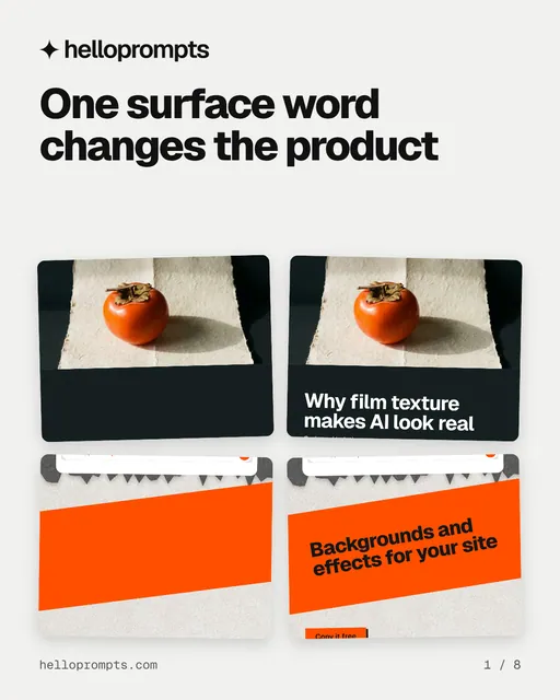 Carousel for HelloPrompts: "One surface word changes the product". Collection carousel, 8 slides, light palette.