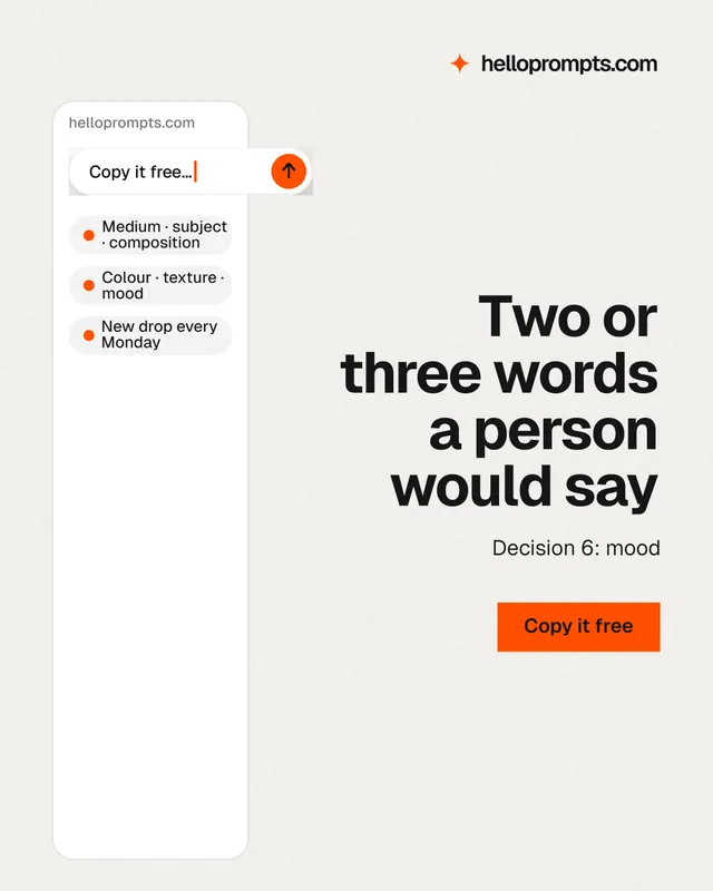 Instagram portrait post for HelloPrompts: "Two or three words a person would say". Swiss style, right layout, light palette in white.