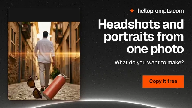 Landscape graphic for HelloPrompts: "Headshots and portraits from one photo". Swiss style, right layout, dark palette in black, orange, grey.