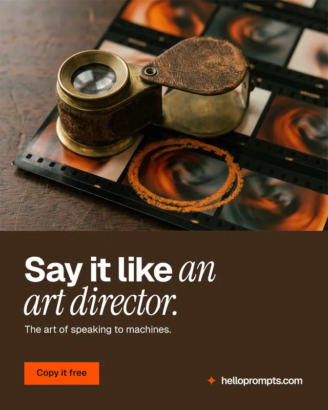 Instagram portrait post for HelloPrompts: "Say it like an art director." Swiss style, bottom layout, dark palette in orange, black, grey.