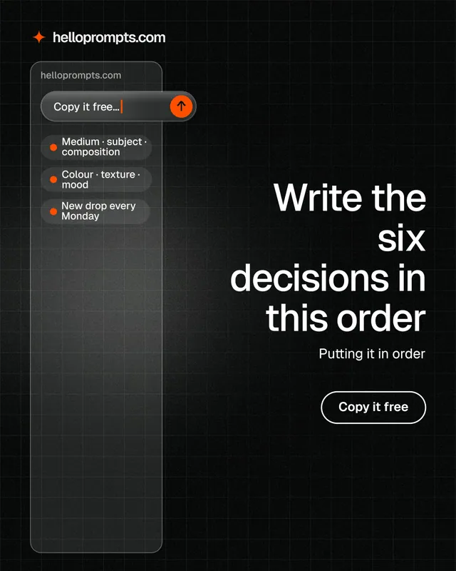 Instagram portrait post for HelloPrompts: "Write the six decisions in this order". Phosphor atlas style, right layout, dark palette in black, grey.