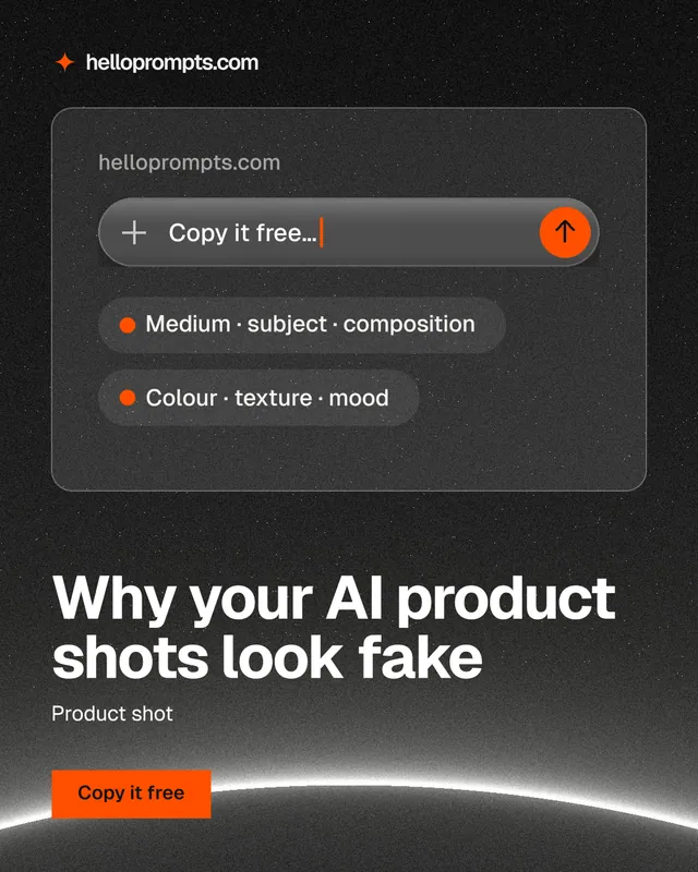 Instagram portrait post for HelloPrompts: "Why your AI product shots look fake". Swiss style, bottom layout, dark palette in black, grey.
