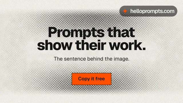 Landscape graphic for HelloPrompts: "Prompts that show their work." Ink sticker style, centred layout, light palette in white, grey, yellow.