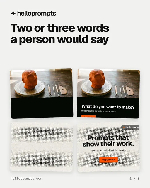 Carousel for HelloPrompts: "Two or three words a person would say". Collection carousel, 8 slides, light palette.
