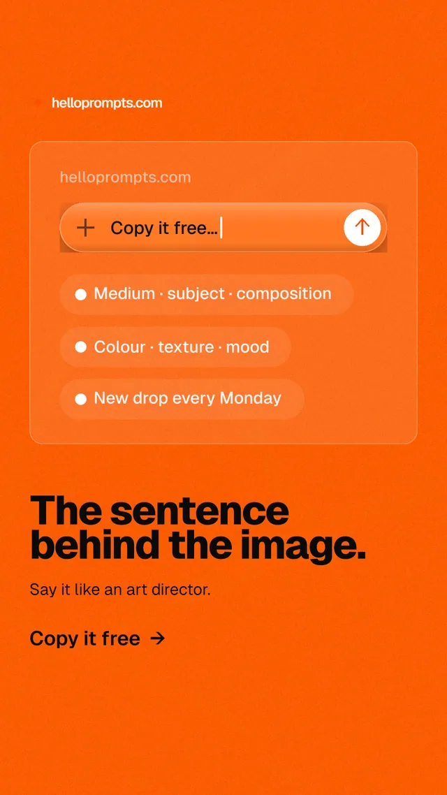 Instagram story for HelloPrompts: "The sentence behind the image." Turn card style, bottom layout, light palette in orange.