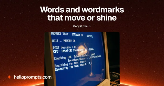 Social ad for HelloPrompts: "Words and wordmarks that move or shine". Swiss style, ogui layout, dark palette in black, blue, red.