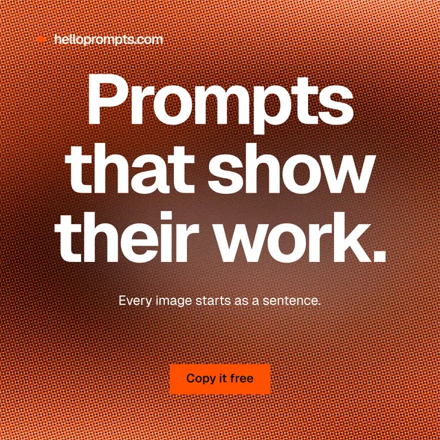 Instagram post for HelloPrompts: "Prompts that show their work." Swiss style, centred layout, dark palette in orange, red.