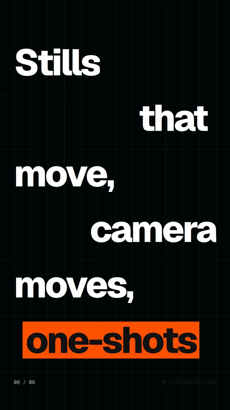 Video for HelloPrompts: "Stills that move, camera moves, one-shots". Kinetic type grid, 6.0 s, dark palette.