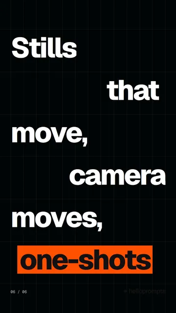Video for HelloPrompts: "Stills that move, camera moves, one-shots". Kinetic type grid, 6.0 s, dark palette.