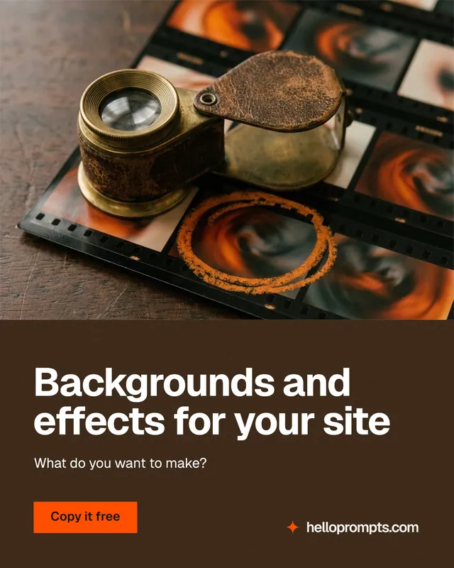 Instagram portrait post for HelloPrompts: "Backgrounds and effects for your site". Swiss style, bottom layout, dark palette in orange, black, grey.