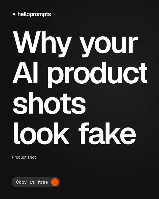 Video for HelloPrompts: "Why your AI product shots look fake". Doc motion loop, 8.0 s, dark palette.