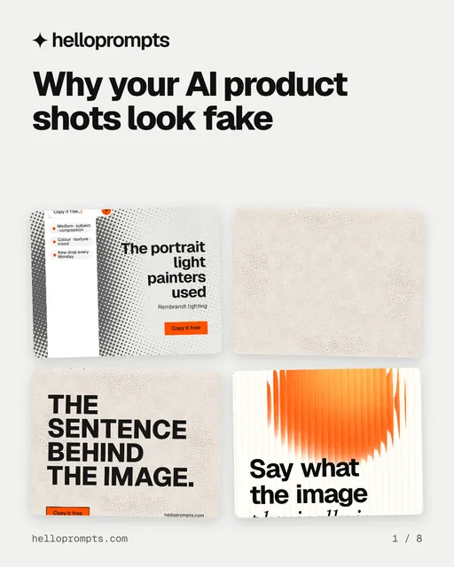 Carousel for HelloPrompts: "Why your AI product shots look fake". Collection carousel, 8 slides, light palette.