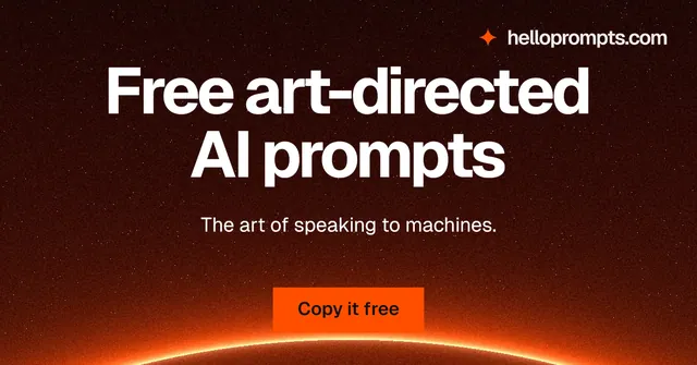 Social ad for HelloPrompts: "Free art-directed AI prompts". Swiss style, centred layout, dark palette in red, black, orange.
