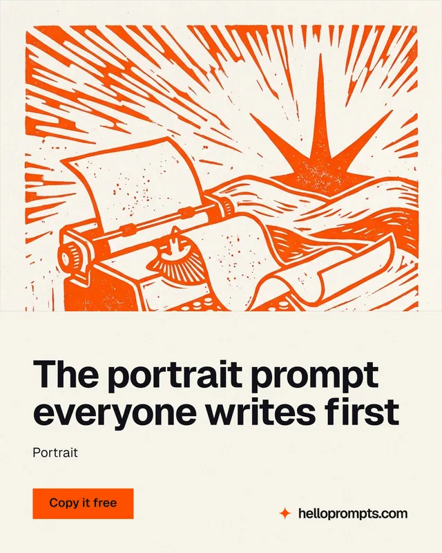 Instagram portrait post for HelloPrompts: "The portrait prompt everyone writes first". Swiss style, bottom layout, light palette in white, orange.