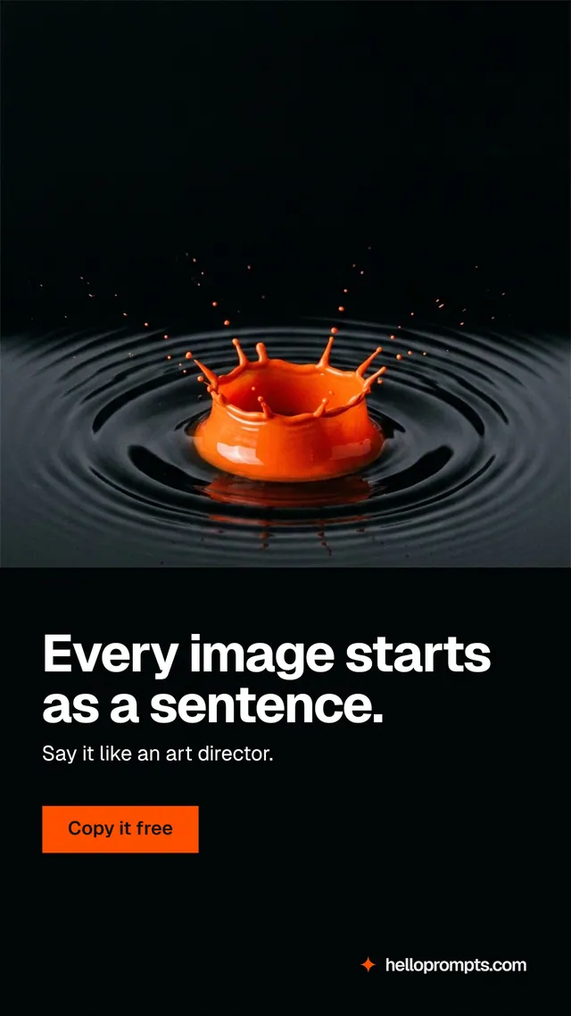 Instagram story for HelloPrompts: "Every image starts as a sentence." Swiss style, bottom layout, dark palette in black, grey.
