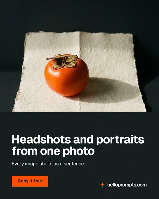 Instagram portrait post for HelloPrompts: "Headshots and portraits from one photo". Swiss style, bottom layout, dark palette in black, yellow, orange.