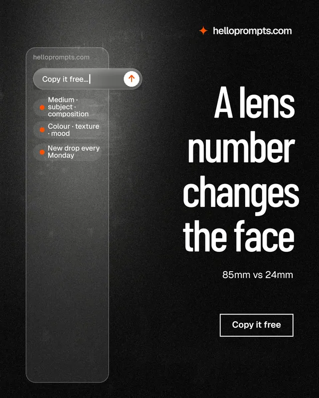 Instagram portrait post for HelloPrompts: "A lens number changes the face". Dark deco style, right layout, dark palette in black, grey.