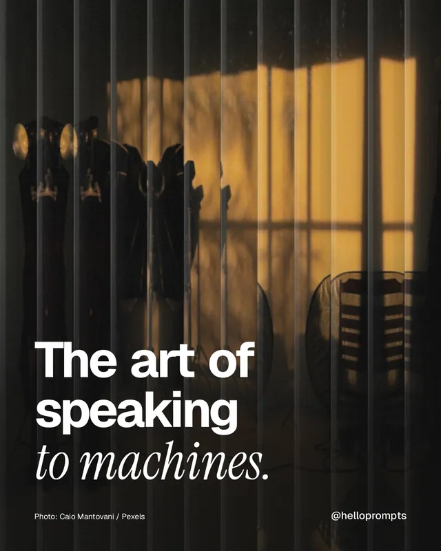 Instagram portrait post for HelloPrompts: "The art of speaking to machines." Photo style, technique:fluted glass layout, dark palette in brown, black.